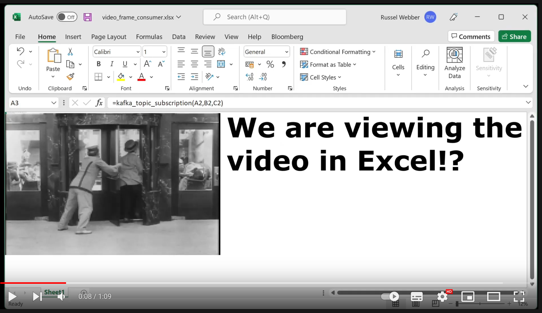 Load video: Stream numpy arrays from Kafka to Excel